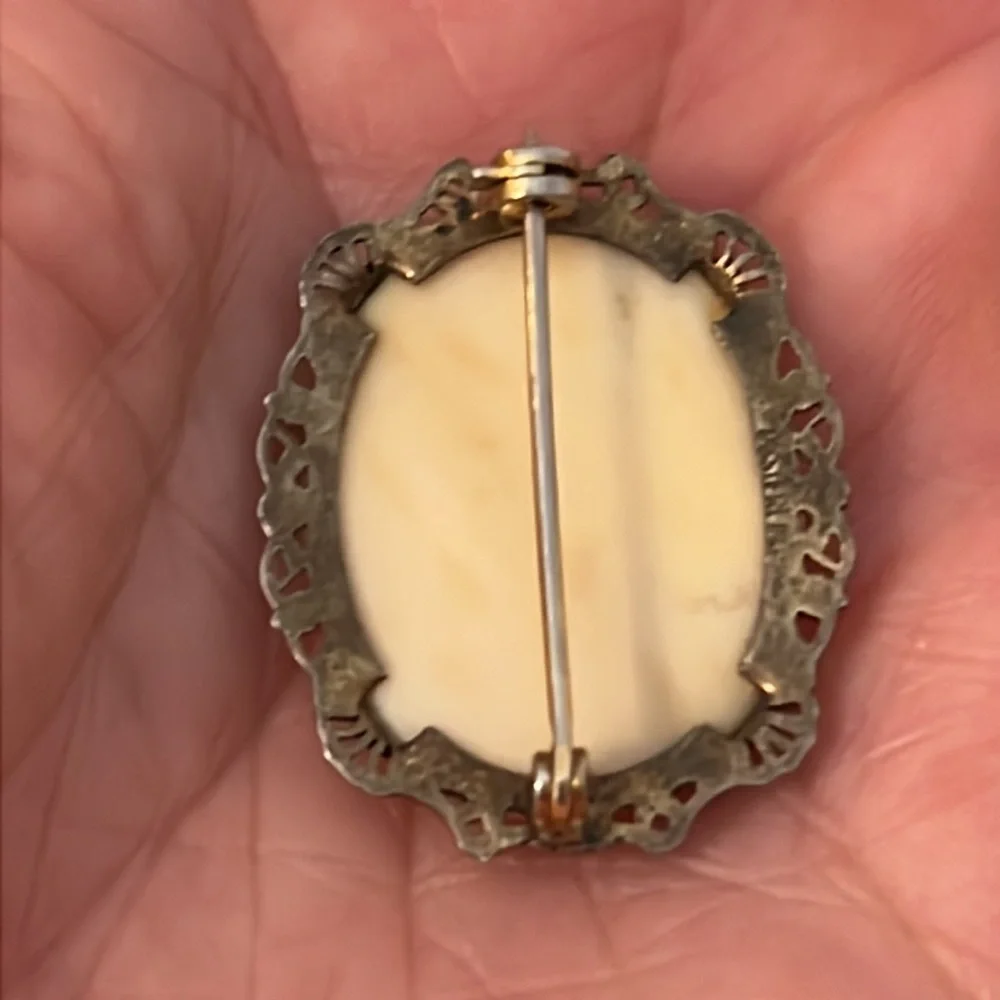 Antique Sterling Silver Ostby Barton Victorian ivory colored stone brooch 1.25”